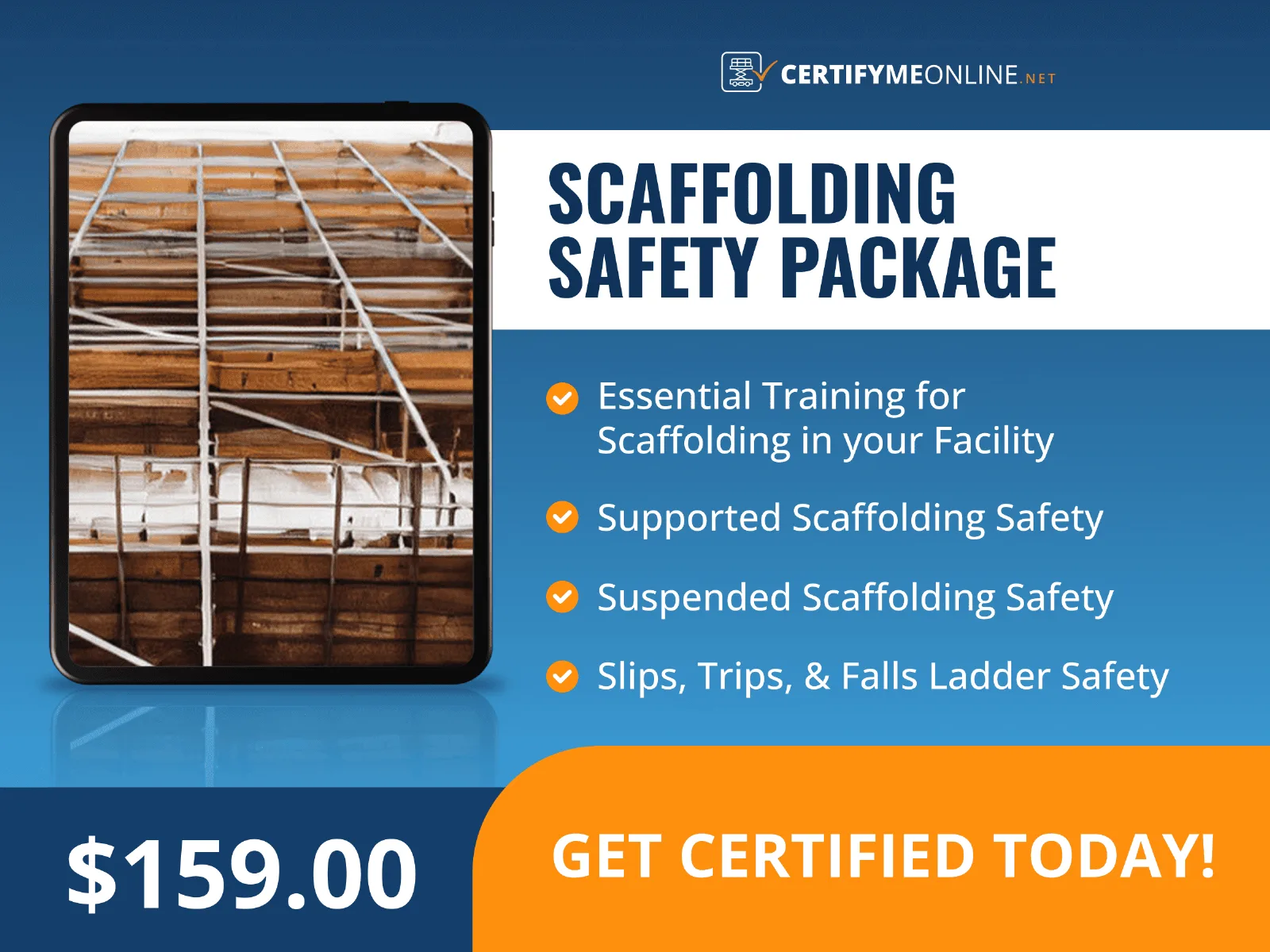 Tablet displaying scaffolding, with text promoting a scaffolding safety training package for $159.00, including essential and suspended scaffolding safety, and ladder safety.