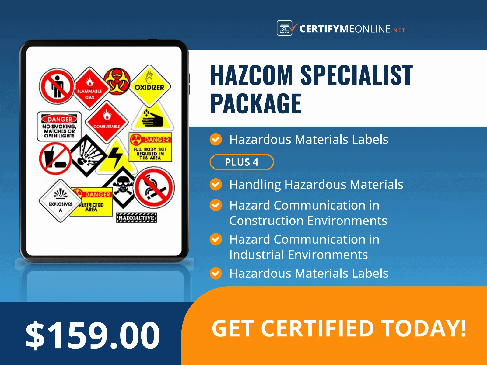 Tablet displaying various hazardous materials warning labels next to a list of Hazcom Specialist Package features and a price of $159.00 on a blue background.