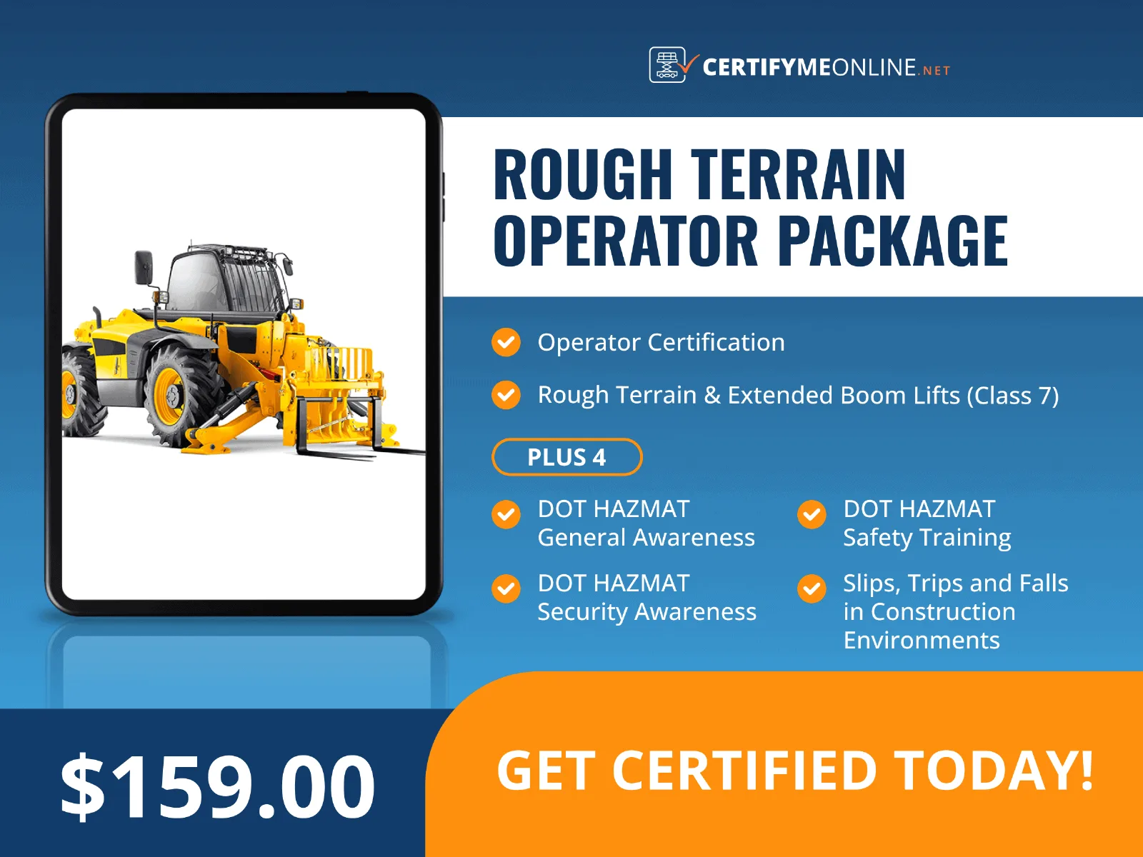 A digital ad for a Rough Terrain Operator Package shows a tablet displaying construction equipment and lists course details and price: $159.00.