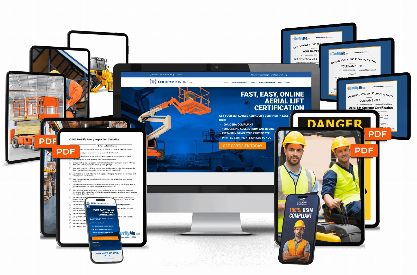 A computer, tablets, and phones display an online aerial lift certification website with pricing details, digital checklists, and images of workers in safety gear. PDF icons indicate downloadable documents.