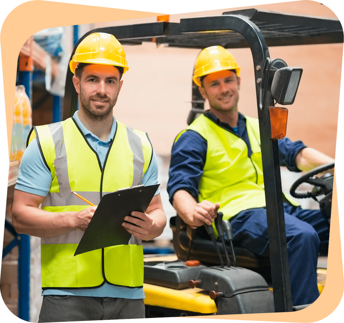 Two certified men in yellow safety vests operating a forklift.