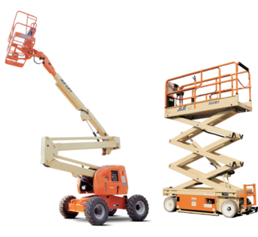 Articulating boom lift and scissor lift on a white background