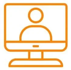 Orange line drawing of a person on a computer monitor, representing a virtual meeting or online presence.