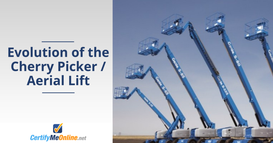 “Evolution of the Cherry Picker / Aerial Lift” beside a row of blue boom lifts
