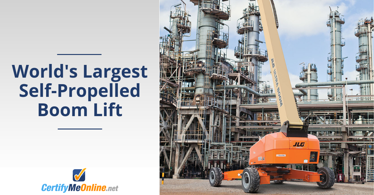 “World’s Largest Self-Propelled Boom Lift” beside a large JLG boom lift at an industrial site