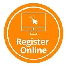 Orange circular icon with a computer monitor, a clicking cursor, and the words "Register Online" written below the monitor.