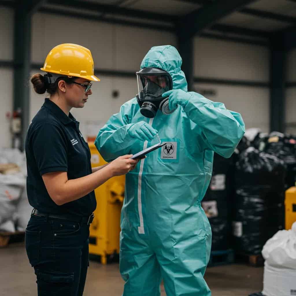 A person in a hazmat suit and gas mask stands next to another person in a hard hat, who is holding a tablet, in an industrial setting.