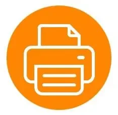 White printer icon with a sheet of paper, displayed on an orange circular background.