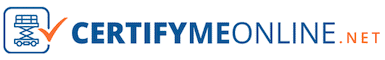 a blue and orange logo with the words certifymeonline net.