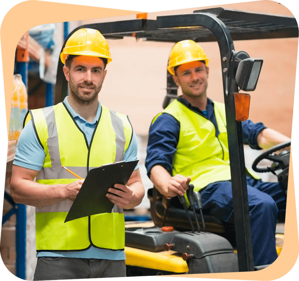 Two certified men in yellow safety vests operating a forklift.