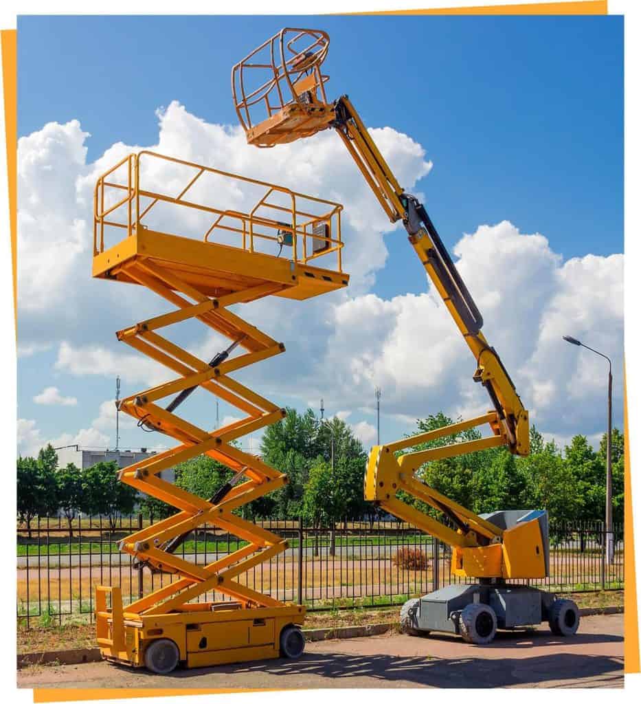 A yellow scissor lift in a parking lot, used for AWP training.