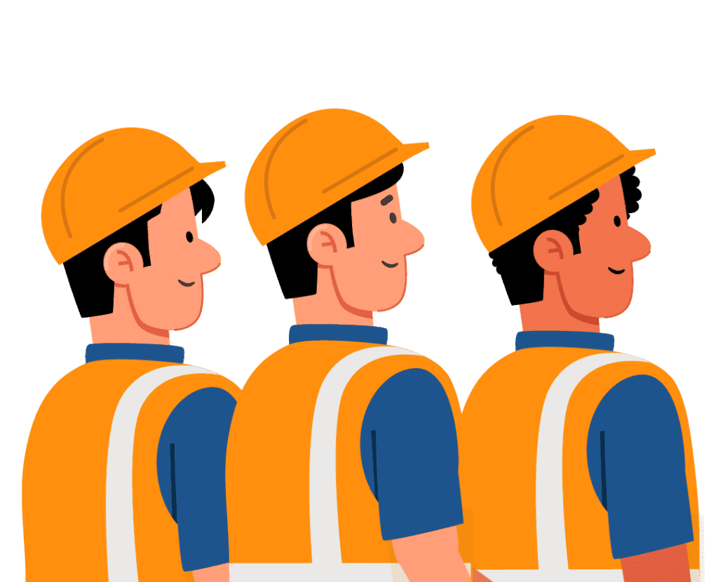Three construction workers standing in a row.