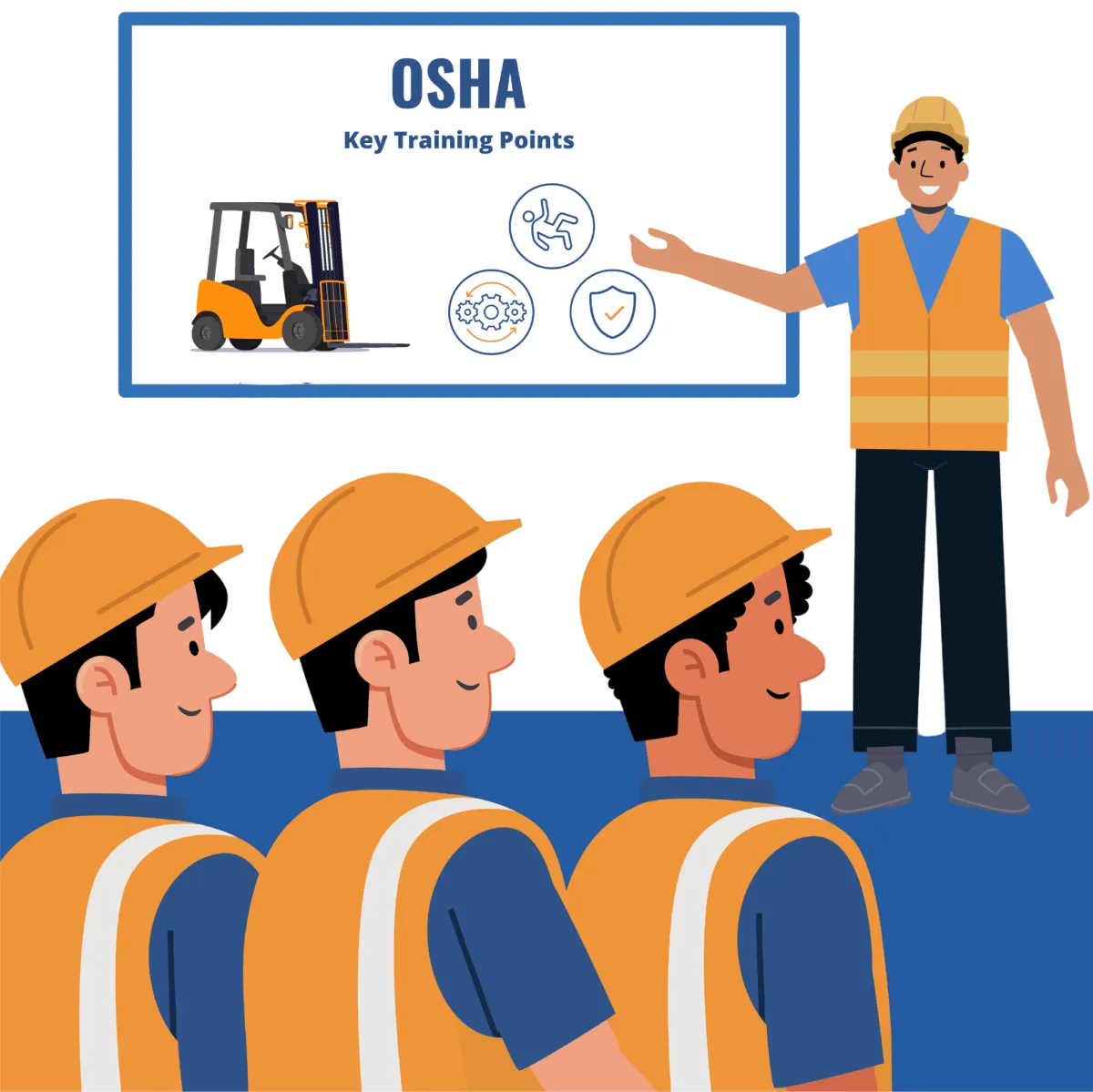 An instructor in a safety vest presents OSHA key training points to a group of workers wearing hard hats and safety vests.