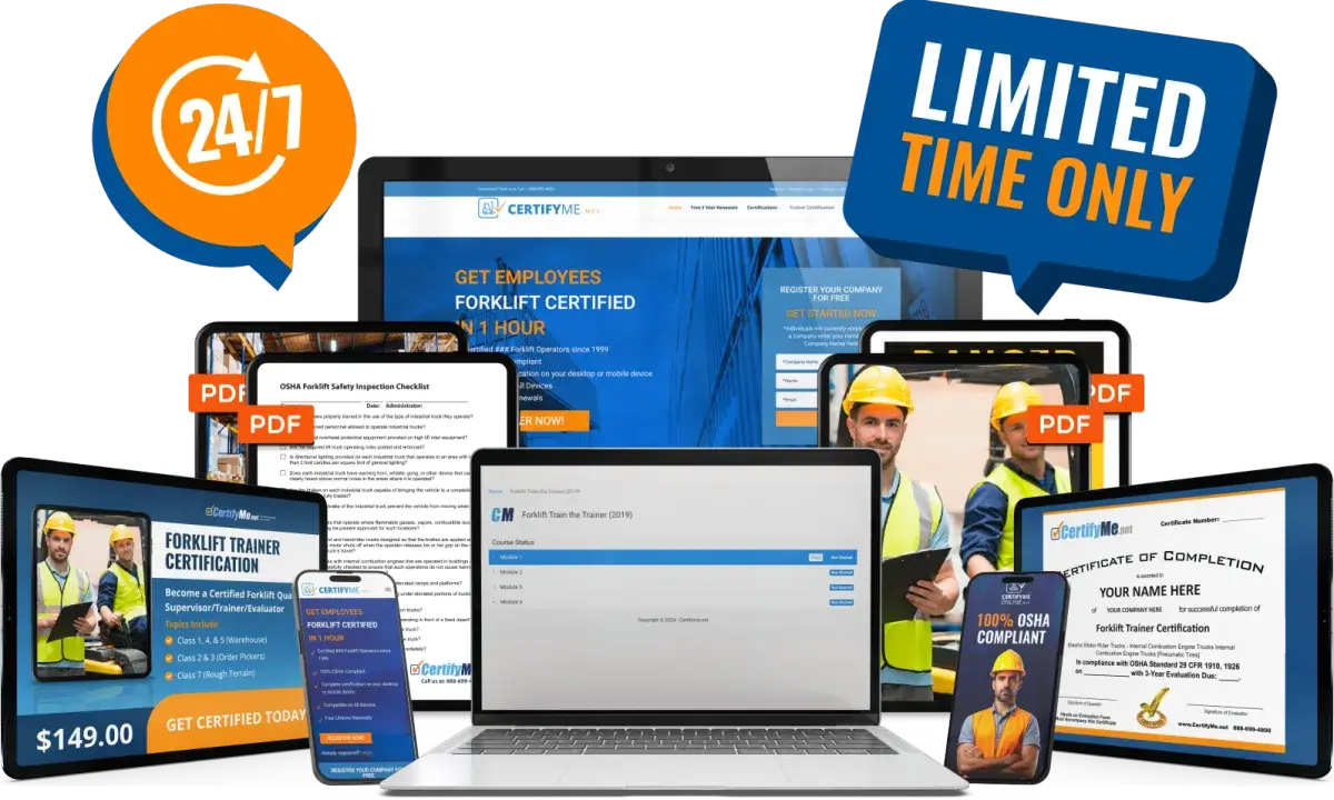 A variety of digital devices display forklift certification materials, forms, and certificates, with "24/7" and "Limited Time Only" banners shown alongside pricing information.