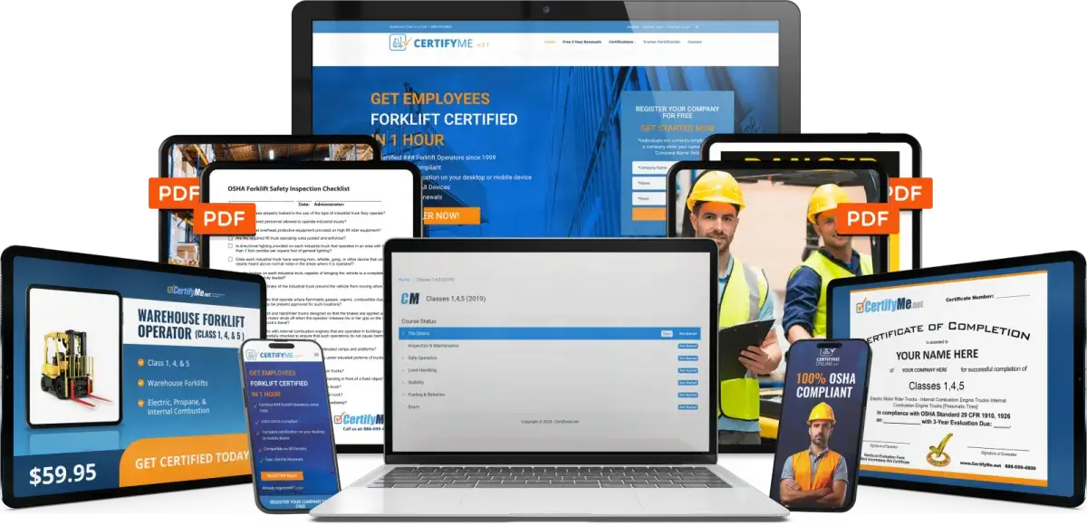 Multiple digital devices display forklift certification courses, safety checklists, and certificates, highlighting online OSHA-compliant forklift training materials and completion proof.