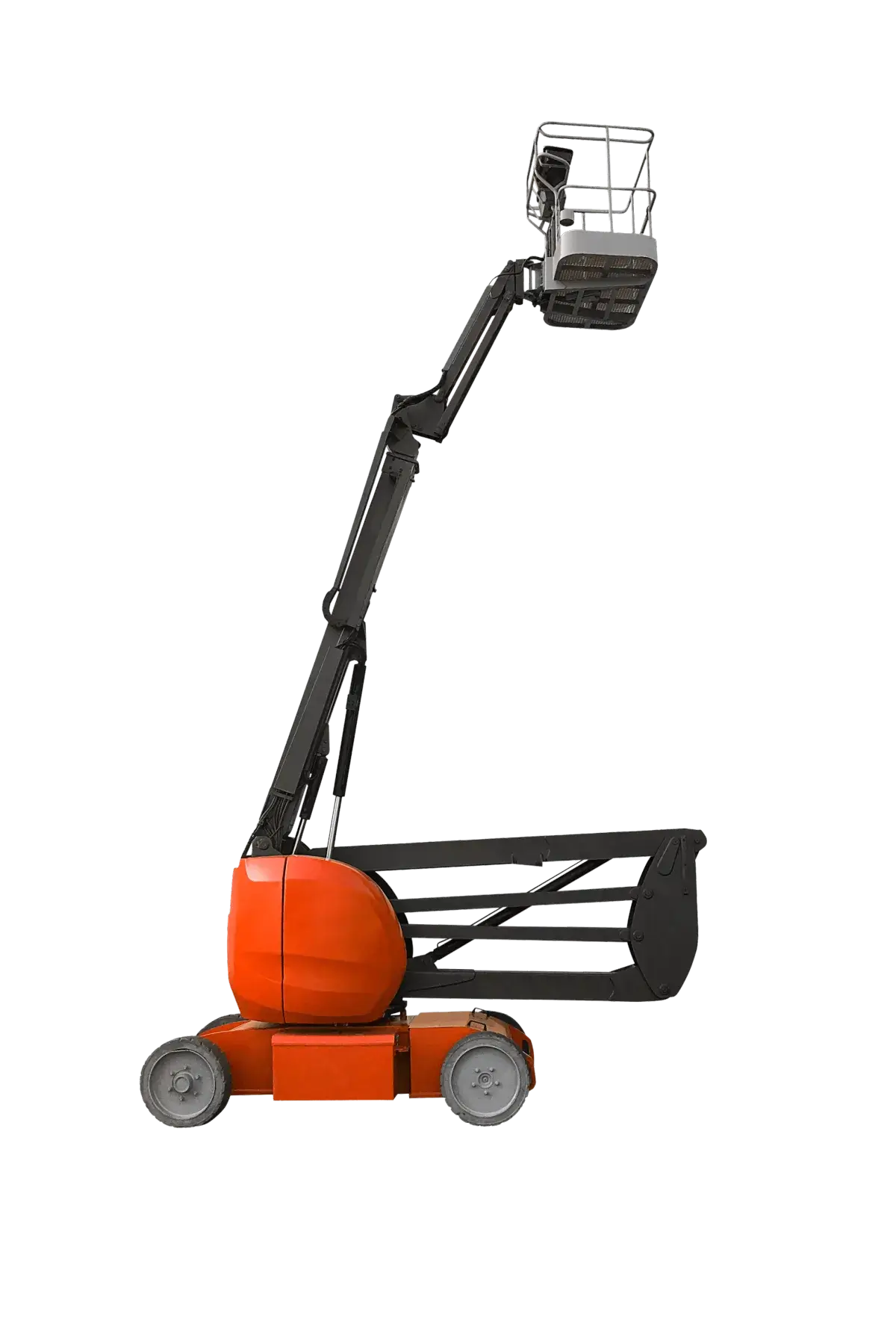 A red articulated boom lift with an extended arm and elevated work platform, viewed from the side, isolated on a black background.