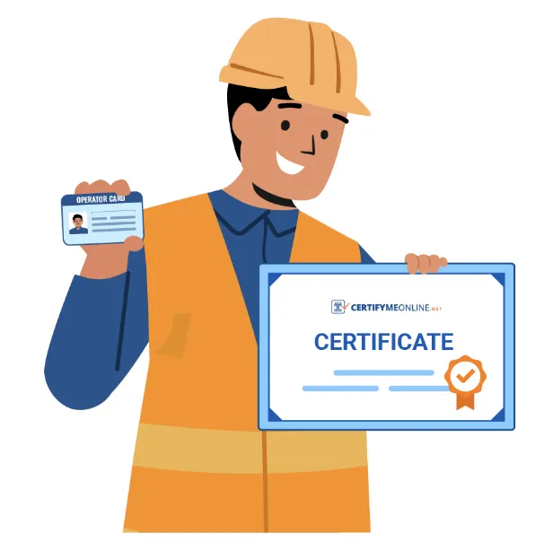 A construction worker in a hard hat and safety vest holds up an operator ID card in one hand and a certificate in the other, both showing proof of certification.