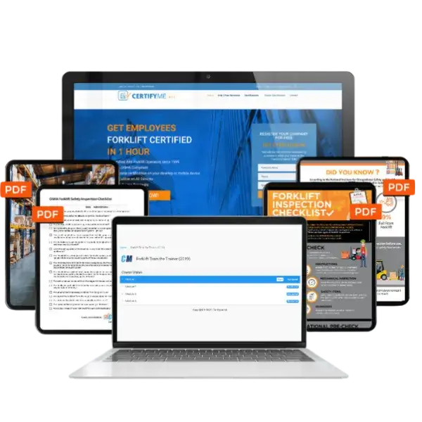 A laptop and tablets display online forklift certification materials, checklists, and PDF documents for employee training.