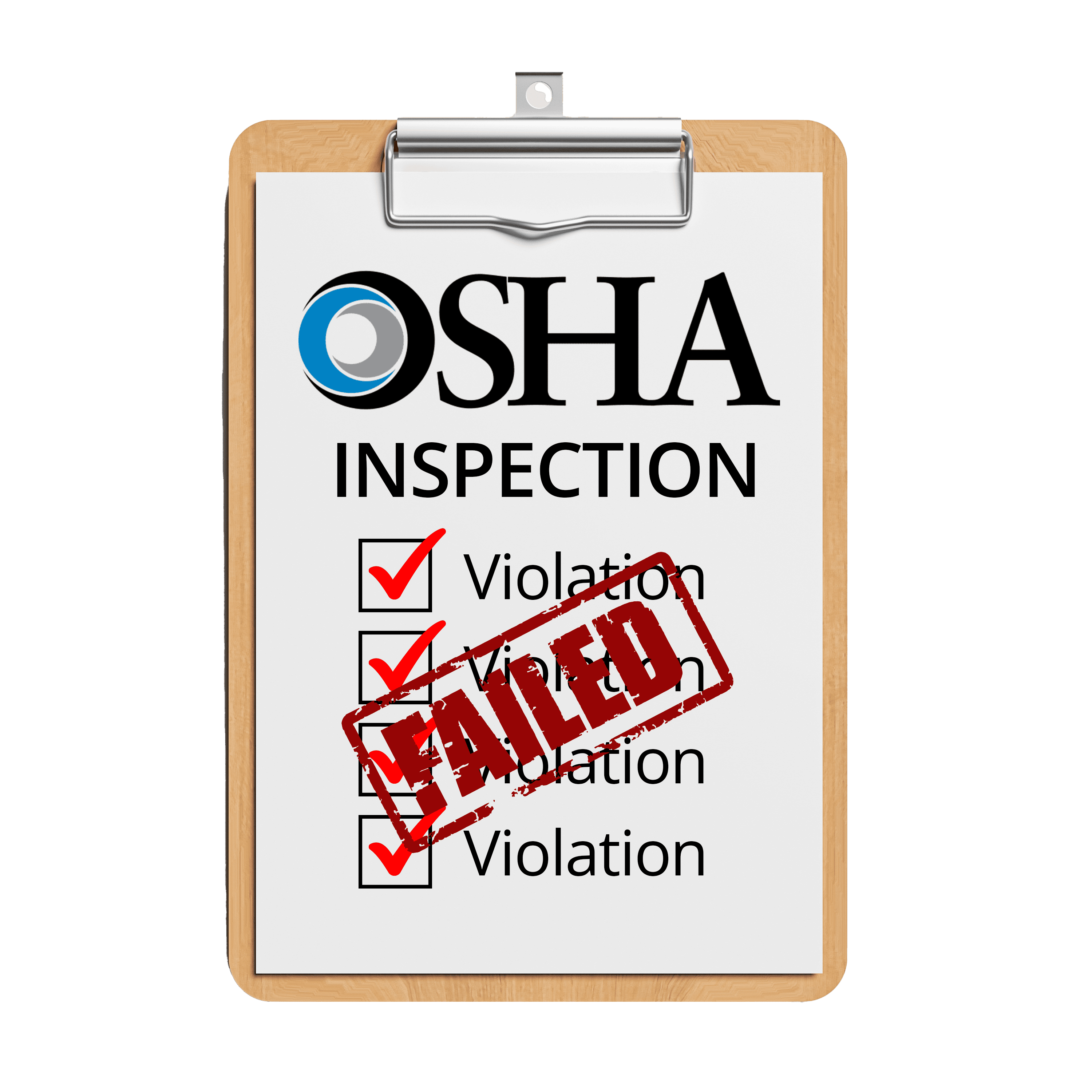 Clipboard displaying an OSHA inspection checklist with violations marked and a large red “FAILED” stamp across the page.