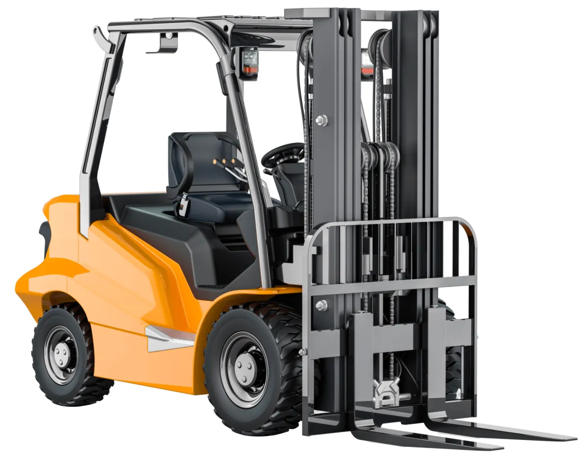 A yellow industrial forklift with black wheels and metal forks, viewed from a slight angle against a white background.