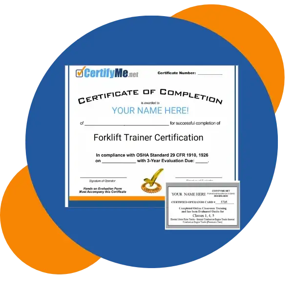 A sample Forklift Trainer Certification certificate from CertifyMe.net, showing completion details and OSHA compliance information.