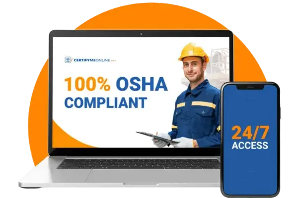 A laptop displaying "100% OSHA Compliant" beside a construction worker and a smartphone showing "24/7 Access" on the screen.