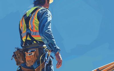 A construction worker in a safety vest and helmet stands on a roof, looking at the structure under a clear blue sky.