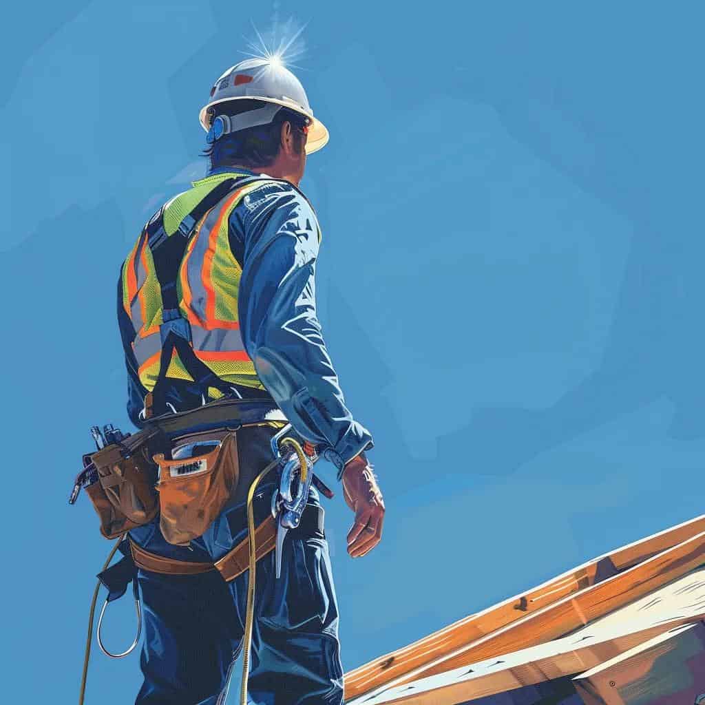A construction worker in a safety vest and helmet stands on a roof, looking at the structure under a clear blue sky.